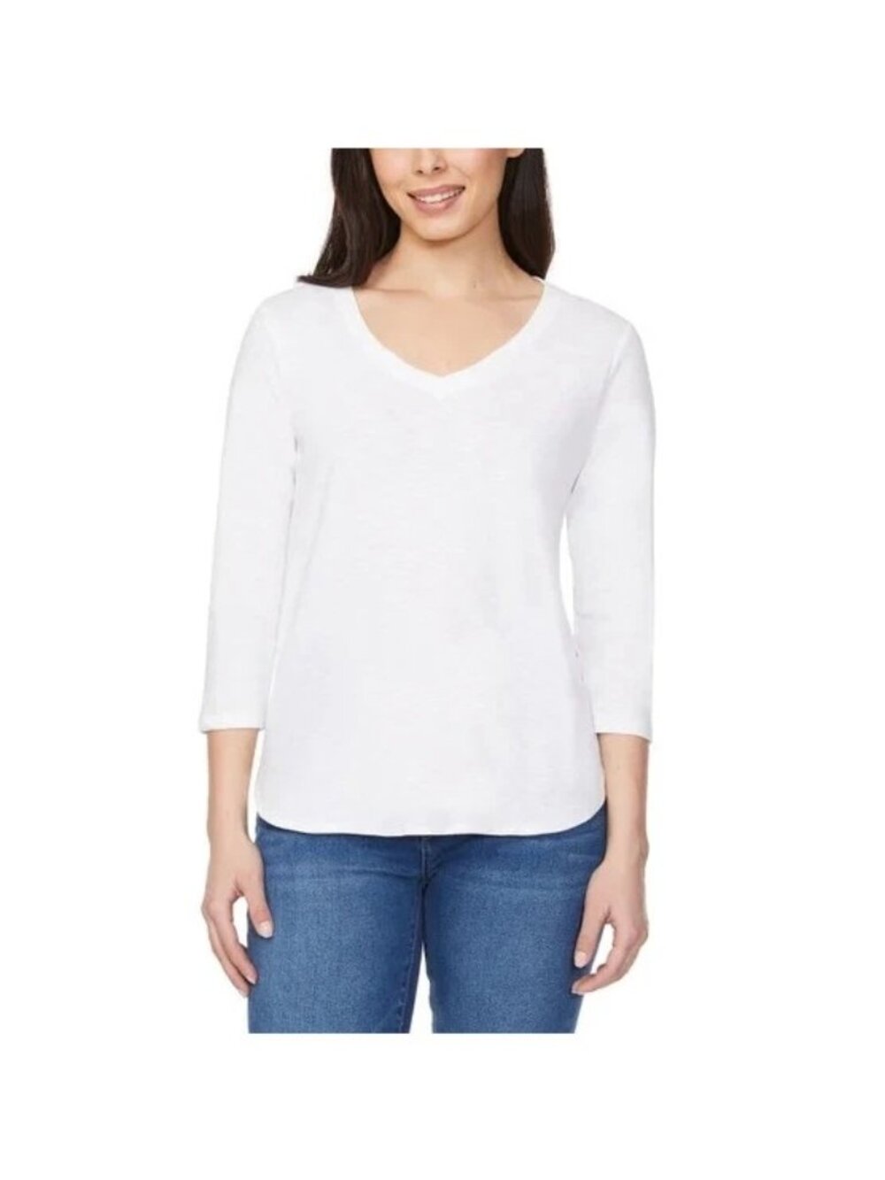 Kirkland Signature Womens 3/4 Sleeve V-Neck Slub Tee XS White 100% Cotton